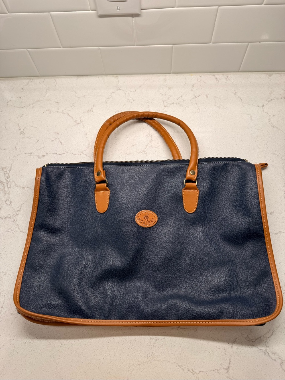 Navy Tote with Tan Leather Trim